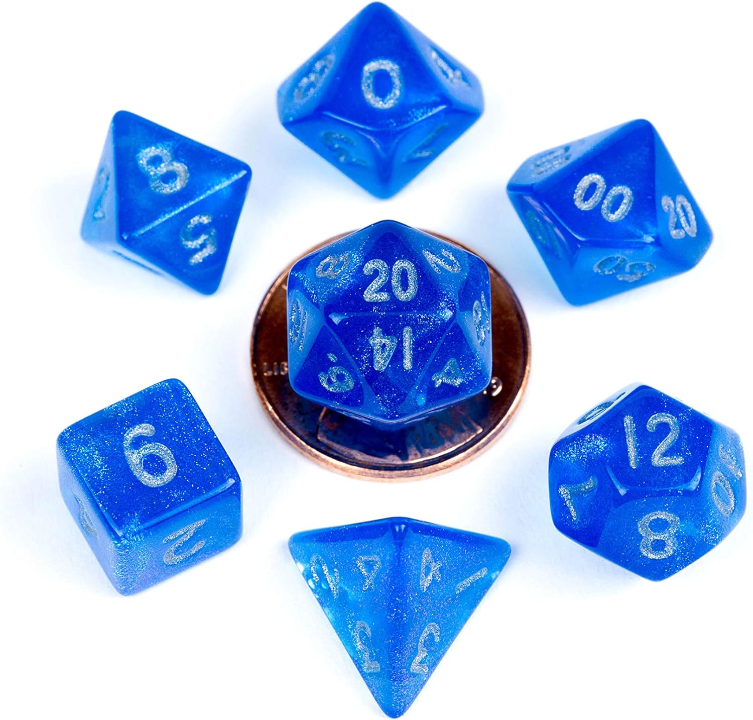 Stardust Blue w/ Silver Numbers 10mm Mini Poly Dice Set | CCGPrime