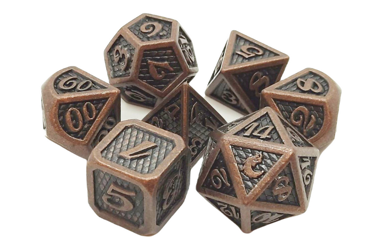 Old School 7 Piece DnD RPG Metal Dice Set: Dragon Scale - Ancient Bronze | CCGPrime