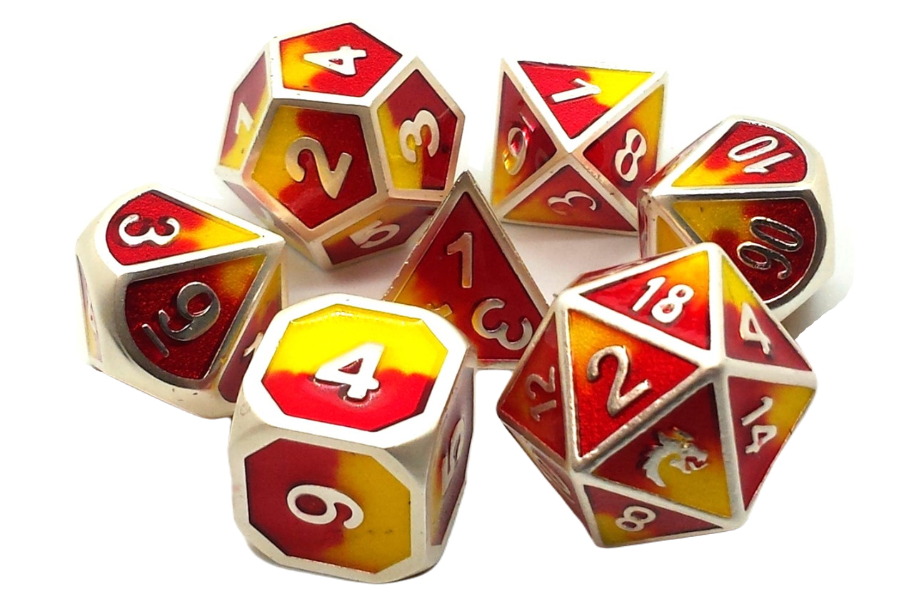 Old School 7 Piece DnD RPG Metal Dice Set: Dragon Forged - Platinum Red & Yellow | CCGPrime