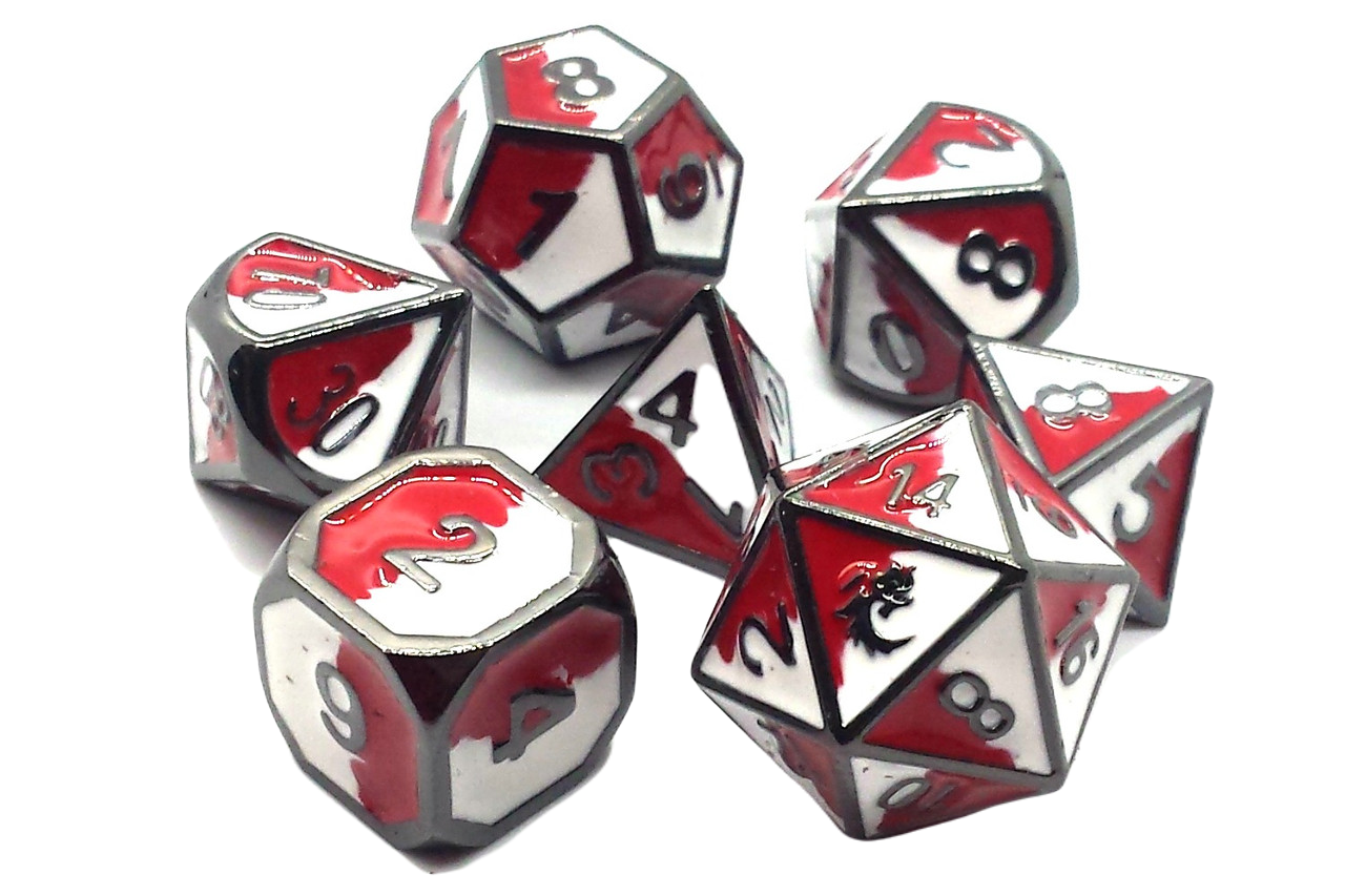 Old School 7 Piece DnD RPG Metal Dice Set: Dragon Forged - Red & White w/ Black Nickel | CCGPrime