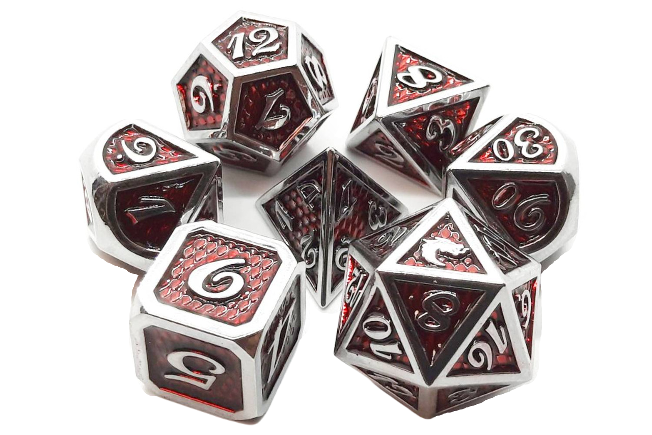 Old School 7 Piece DnD RPG Metal Dice Set: Dragon Scale - Red | CCGPrime