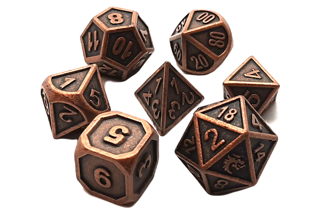 Old School 7 Piece DnD RPG Metal Dice Set: Dwarven Forged - Ancient Bronze | CCGPrime