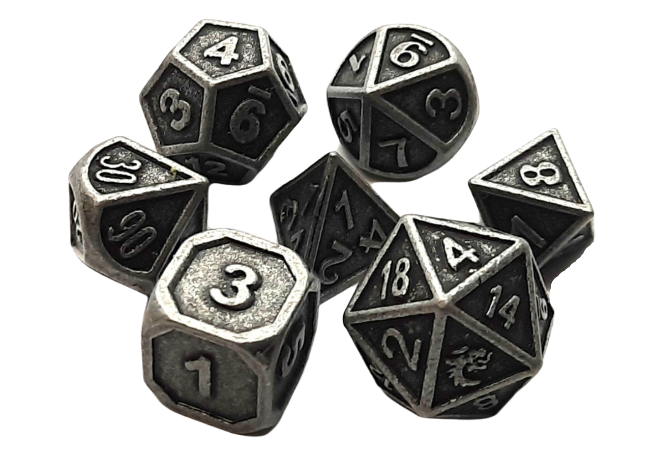 Old School 7 Piece DnD RPG Metal Dice Set: Dwarven Forged - Ancient Silver | CCGPrime
