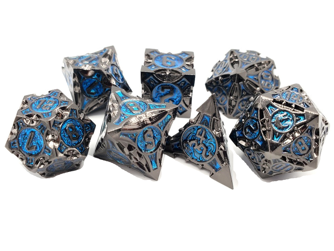 Old School 7 Piece DnD RPG Metal Dice Set: Gnome Forged - Black Nickel w/ Blue | CCGPrime