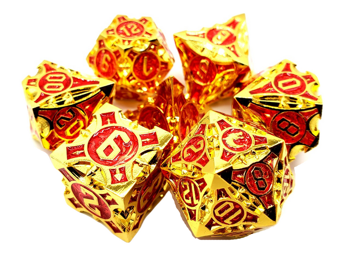 Old School 7 Piece DnD RPG Metal Dice Set: Gnome Forged - Gold w/ Red | CCGPrime