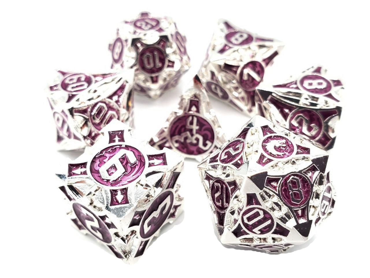 Old School 7 Piece DnD RPG Metal Dice Set: Gnome Forged - Silver w/ Purple | CCGPrime