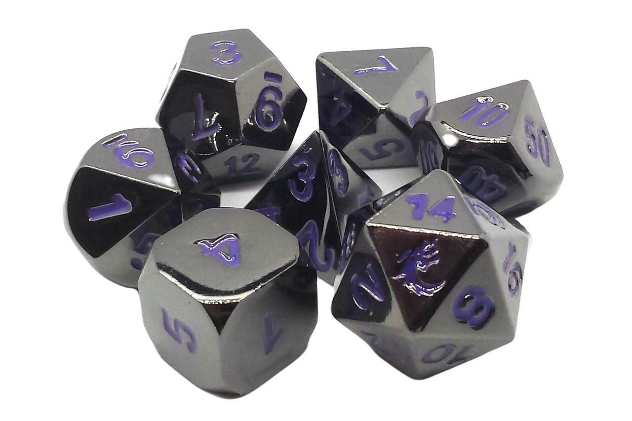 Old School 7 Piece DnD RPG Metal Dice Set: Halfling Forged - Black Nickel w/ Purple | CCGPrime