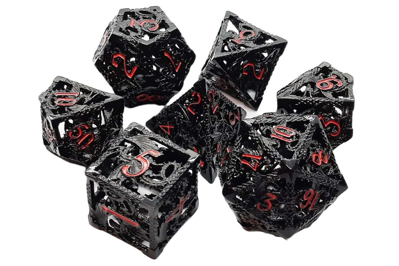 Old School 7 Piece DnD RPG Metal Dice Set: Hollow Dragon Dice - Black w/ Orange | CCGPrime