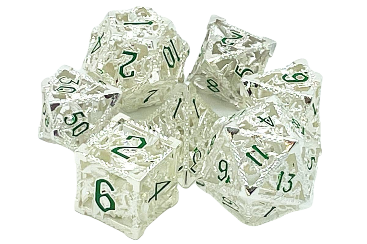 Old School 7 Piece DnD RPG Metal Dice Set: Hollow Dragon Dice - Silver w/ Green | CCGPrime