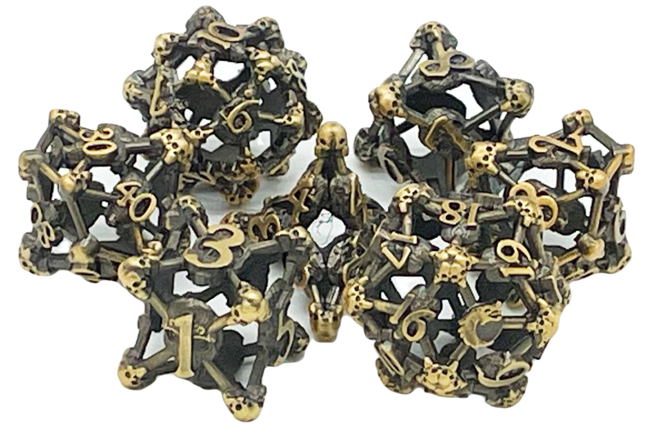 Old School 7 Piece DnD RPG Metal Dice Set: Hollow Skull Dice - Ancient Gold | CCGPrime