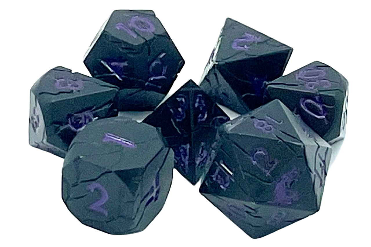 Old School 7 Piece DnD RPG Metal Dice Set: Orc Forged - Matte Black w/ Purple | CCGPrime