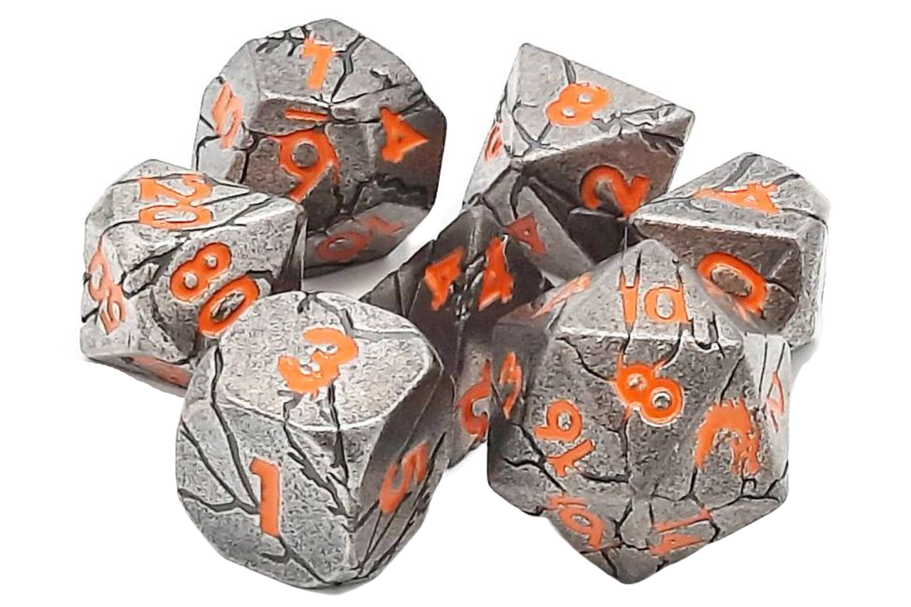 Old School 7 Piece DnD RPG Metal Dice Set: Orc Forged - Ancient Silver w/ Orange | CCGPrime