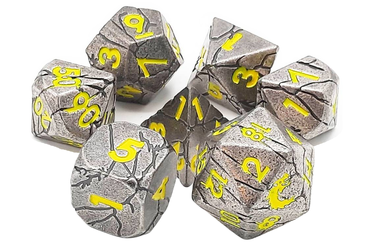 Old School 7 Piece DnD RPG Metal Dice Set: Orc Forged - Ancient Silver w/ Yellow | CCGPrime