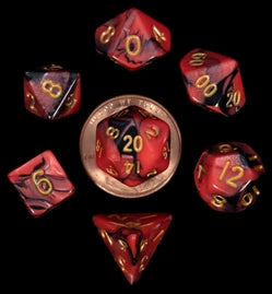 Fanroll: Mini 7 Dice Polyhedral Set: Red/Black with Gold (10mm) | CCGPrime