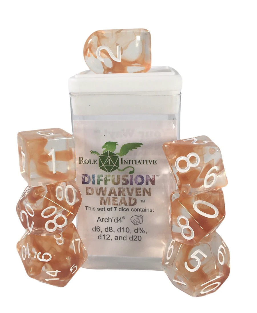 SET OF 7 DICE: Diffusion Dwarven Mead W/ WHITE NUMBERS | CCGPrime