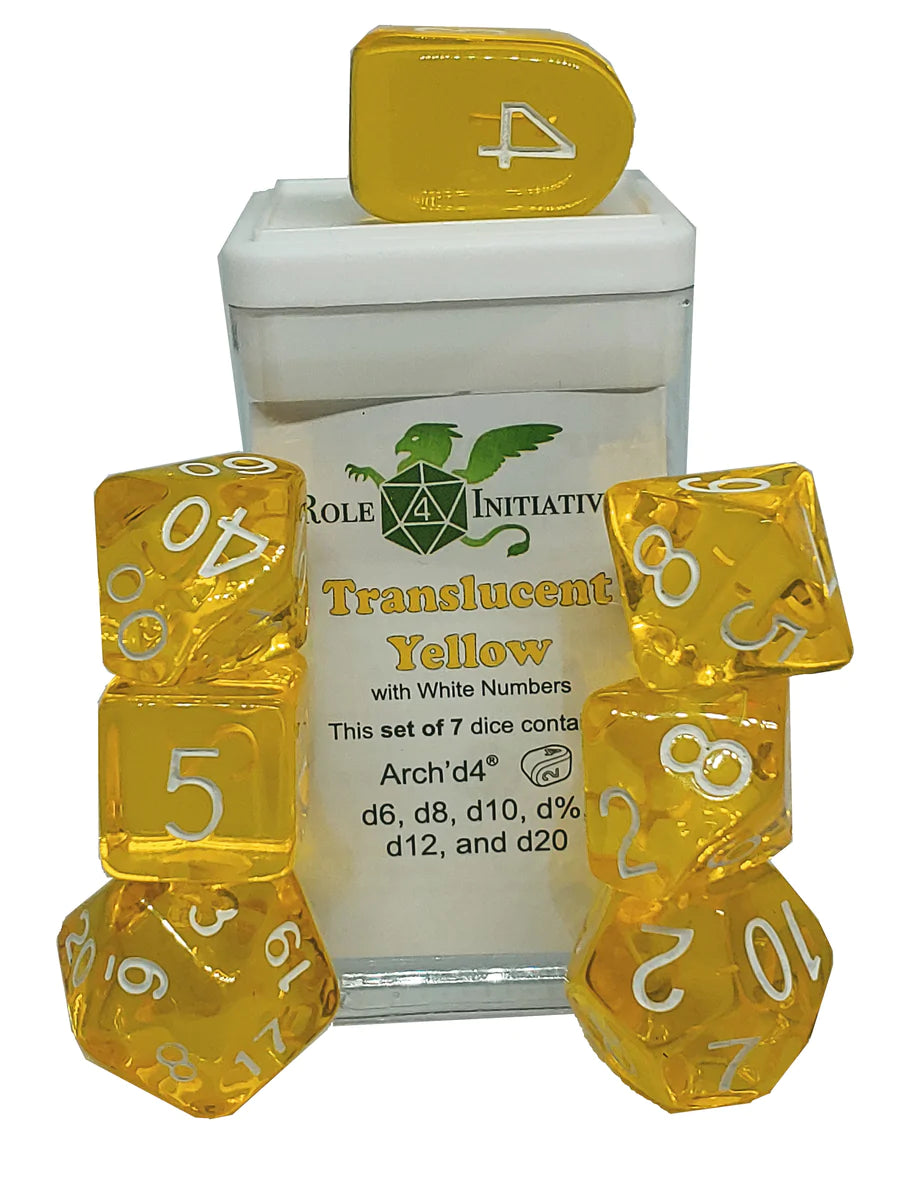 Set of 7 Dice: Translucent Yellow w/ Arch'd4 & White Nums | CCGPrime