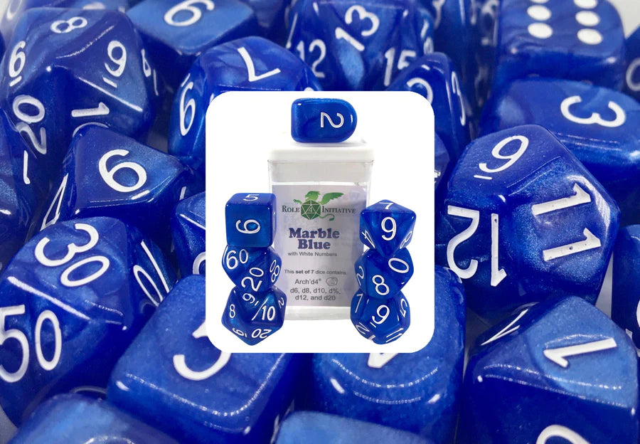 SET OF 7 DICE: MARBLE BLUE W/ WHITE NUMBERS | CCGPrime