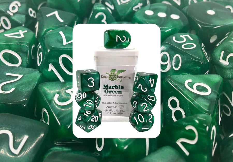 SET OF 7 DICE: MARBLE GREEN W/ WHITE NUMBERS | CCGPrime