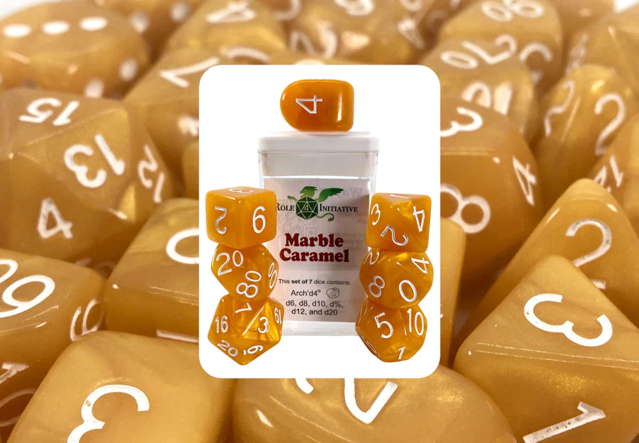 SET OF 7 DICE: MARBLE CARAMEL W/ WHITE NUMBERS | CCGPrime