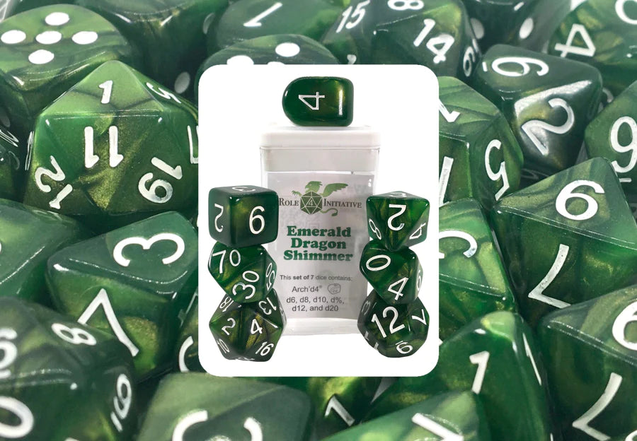 SET OF 7 DICE: EMERALD DRAGON SHIMMER W/ WHITE NUMS | CCGPrime