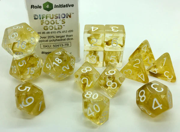 SET OF 15 DICE: DIFFUSION FOOL'S GOLD W/ WHITE NUMS | CCGPrime