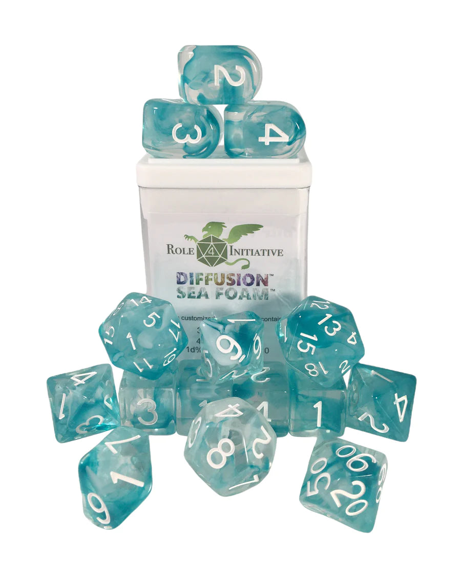SET OF 15 DICE: DIFFUSION SEA FOAM W/ WHITE NUMBERS | CCGPrime
