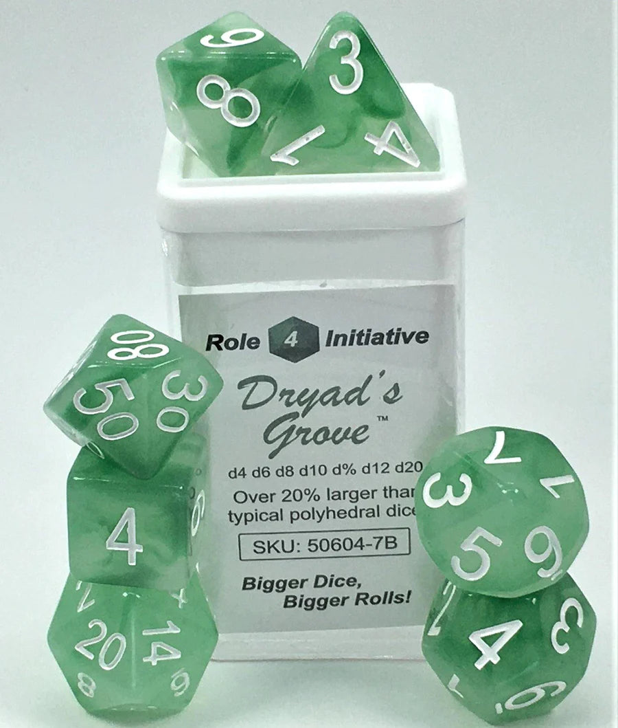 SET OF 7 DICE: DRYADS GROVE W/ WHITE NUMBERS | CCGPrime