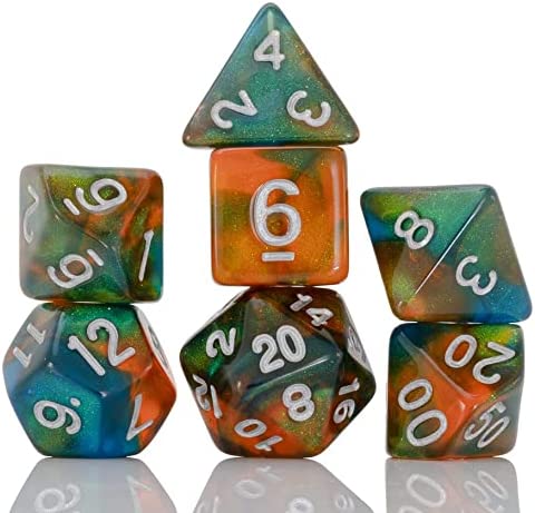 Sirius Dice SDZ000902 Orange Blue & Green Persimmon Punch Dice Bags with A Slight Sparkle & White Number - Set of 7 | CCGPrime