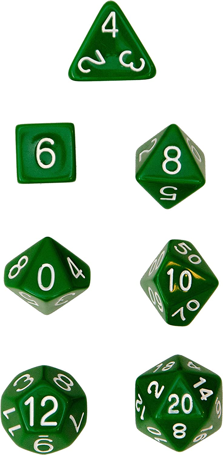 Role 4 Initiative Set of 7 Large High-Visibility Polyhedral Dice: Opaque Dark Green with White Numbers | CCGPrime