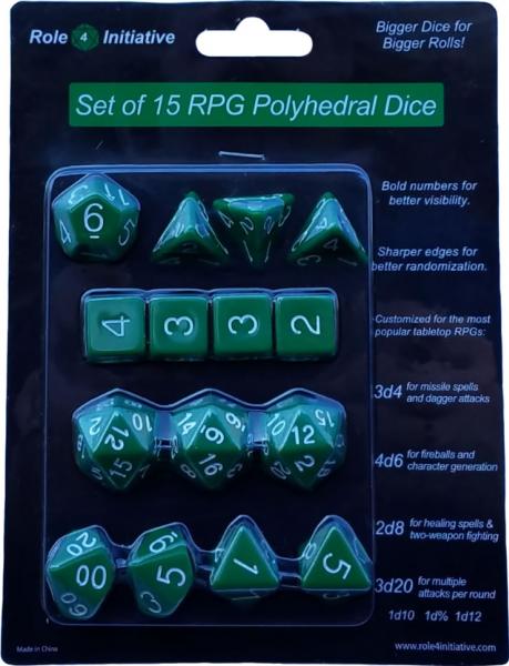 Role 4 Initiative: Polyhedral 15 Dice Set: Opaque Dark Green with White Numbers | CCGPrime