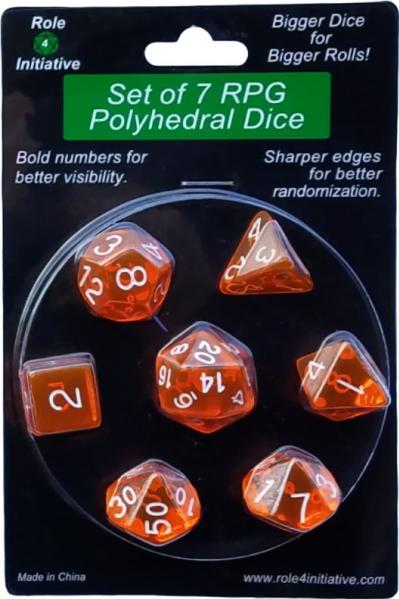 Role 4 Initiative Polyhedral 7 Dice Set: Translucent Orange with White Numbers | CCGPrime