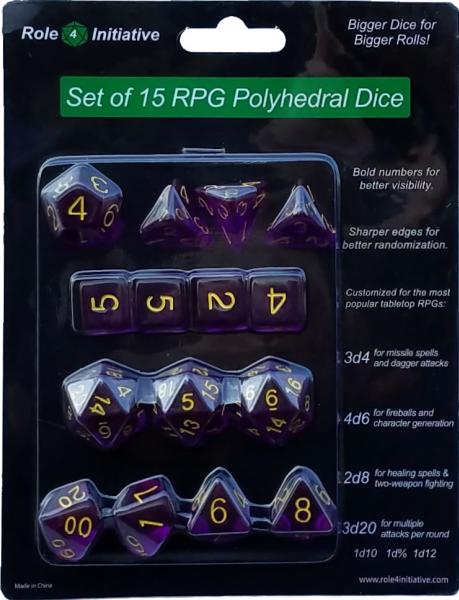 Role 4 Initiative: Polyhedral 15 Dice Set: Translucent Dark Purple with Gold Numbers | CCGPrime