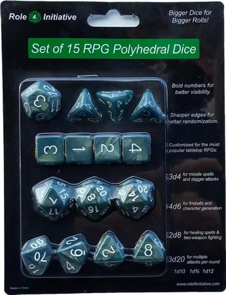 Role 4 Initiative Polyhedral 15 Dice Set: Sea Dragon Shimmer with White Numbers | CCGPrime
