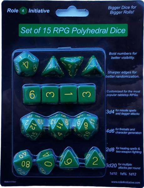 Role 4 Initiative: Polyhedral 15 Dice Set: Opaque Dark Green with Gold Numbers | CCGPrime