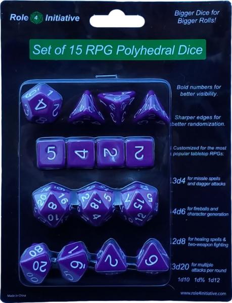 Role 4 Initiative: Polyhedral 15 Dice Set: Opaque Dark Purple with White Numbers | CCGPrime