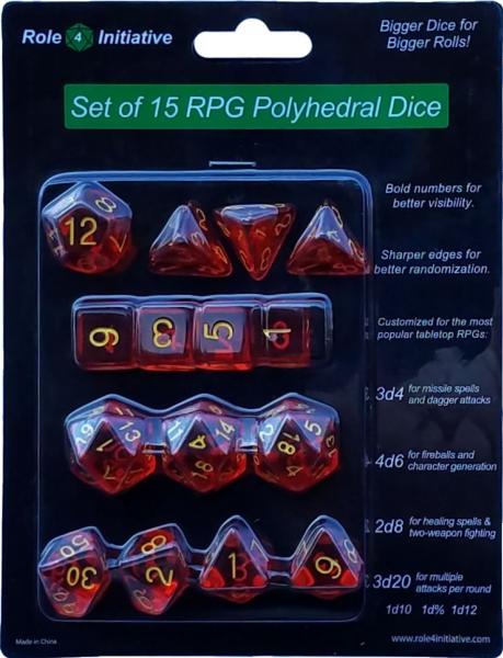Role 4 Initiative: Polyhedral 15 Dice Set: Translucent Red with Gold Numbers | CCGPrime