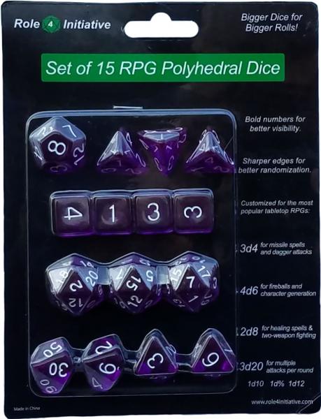 Role 4 Initiative: Polyhedral 15 Dice Set: Translucent Dark Purple with White Numbers | CCGPrime