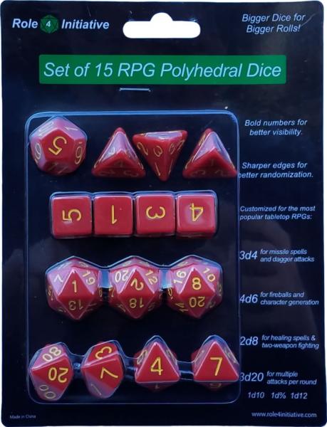 Role 4 Initiative: Polyhedral 15 Dice Set: Opaque Red with Gold Numbers | CCGPrime
