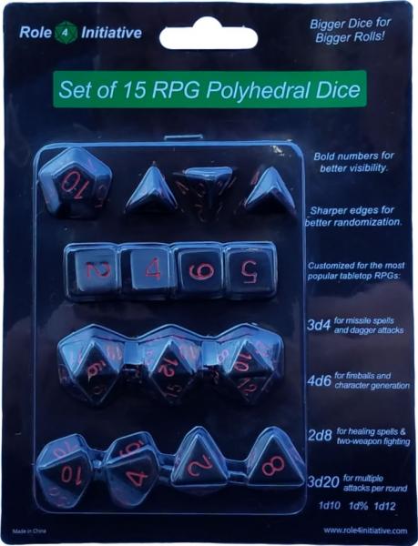 Role 4 Initiative: Polyhedral 15 Dice Set: Opaque Black with Red Numbers | CCGPrime