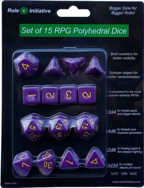 Role 4 Initiative: Polyhedral 15 Dice Set: Opaque Dark Purple with Gold Numbers | CCGPrime