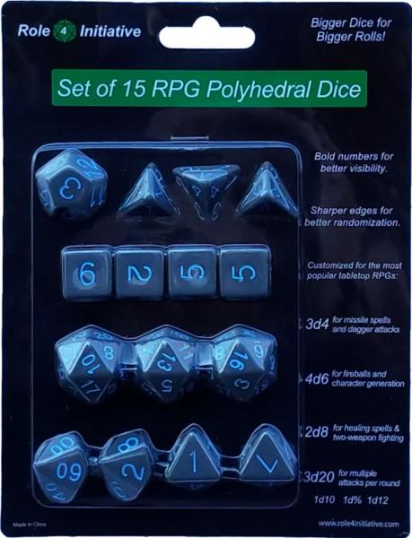 Role 4 Initiative: Polyhedral 15 Dice Set: Opaque Dark Gray with Light Blue Numbers | CCGPrime