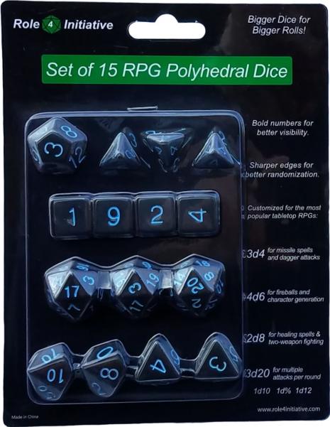 Role 4 Initiative: Polyhedral 15 Dice Set: Translucent Black with Light Blue Numbers | CCGPrime