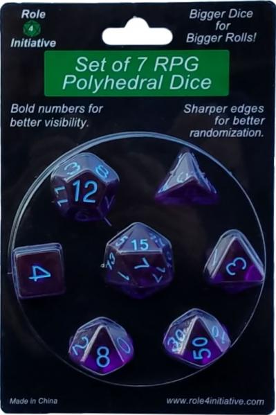 Role 4 Initiative Polyhedral 7 Dice Set: Translucent Dark Purple with Light Blue Numbers | CCGPrime