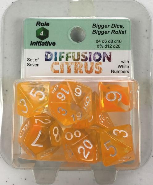 SET OF 7 DICE: DIFFUSION CITRUS W/ WHITE NUMBERS | CCGPrime
